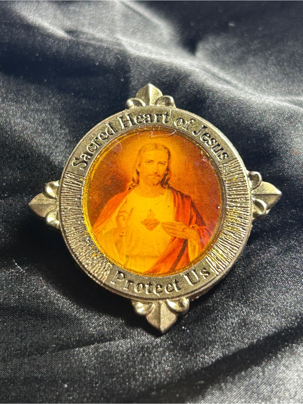 Vintage Sacred Heart of Jesus Medal Belt Clip - Gold Tone with Amber Center